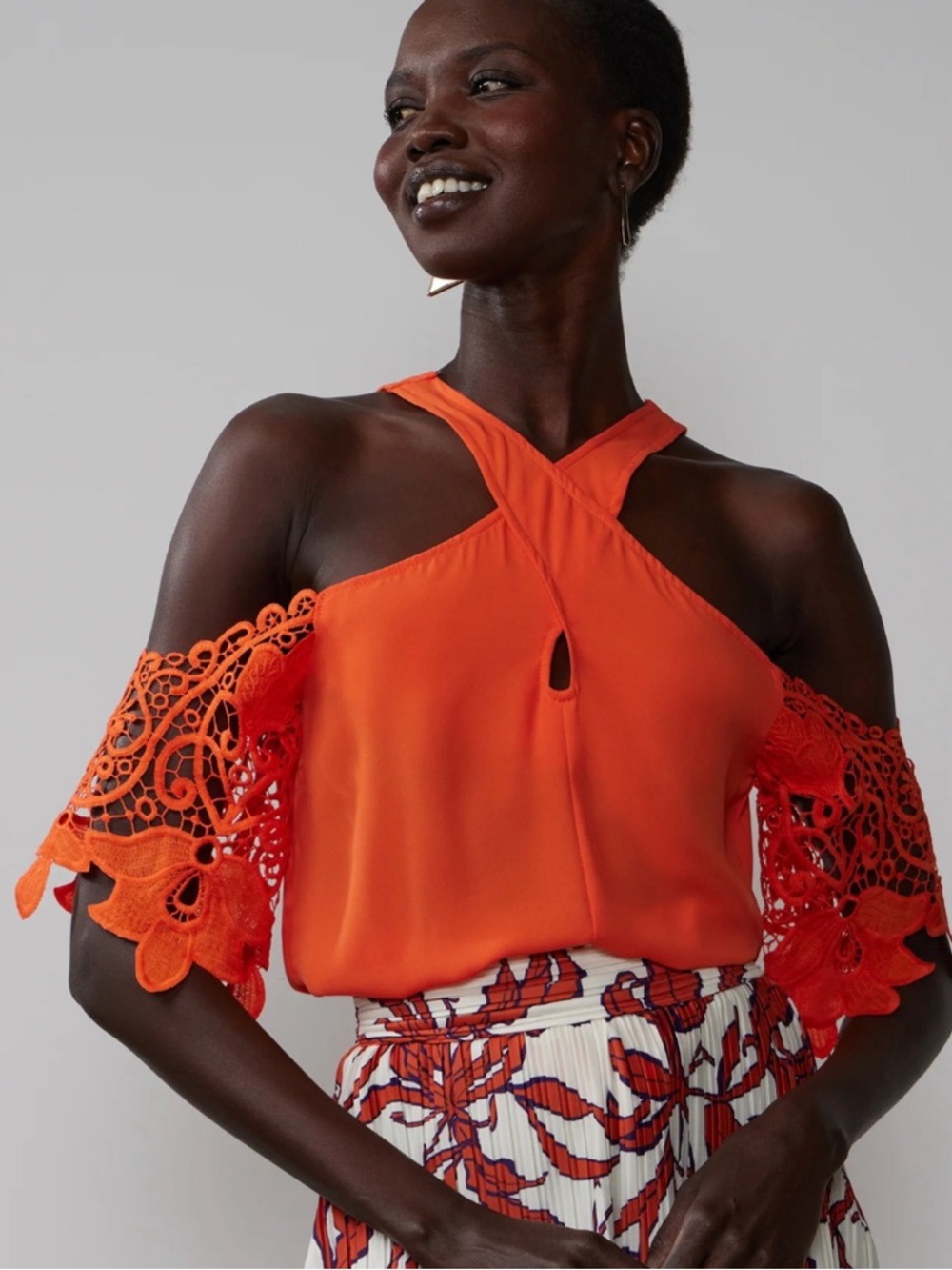 New York & Company Orange Cold-Shoulder Crochet Sleeve Halter Top